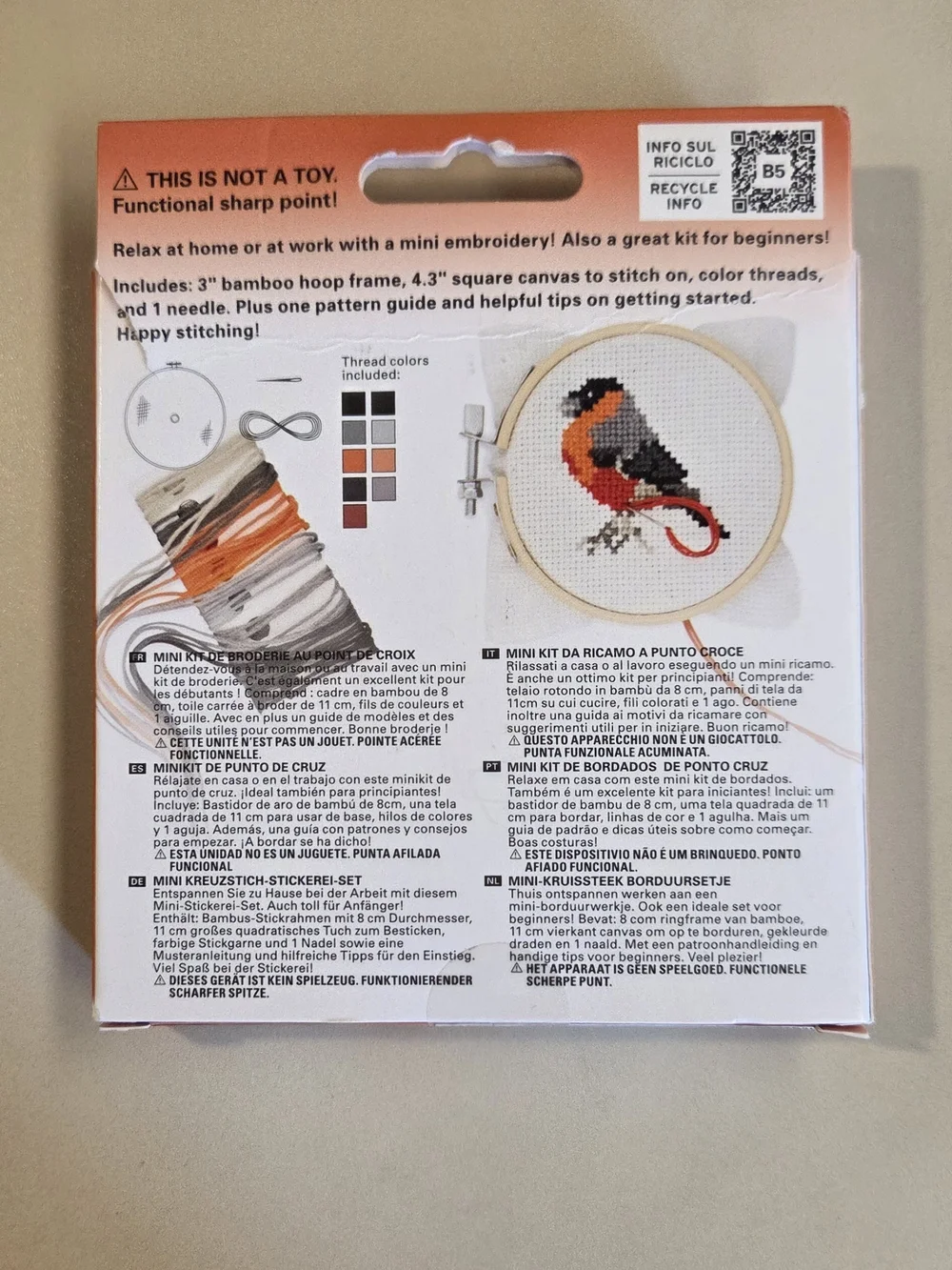 Kikkerland Mini Cross Stitch Embroidery Kit – Orange, Black, Gray, White